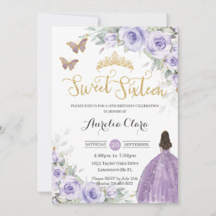 Invitación Dulce 16 cumpleaños morado Lavanda Floral Princesa