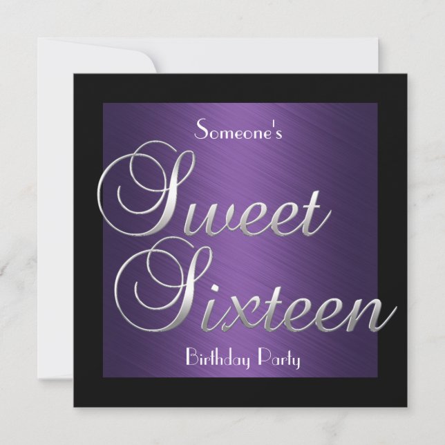 Invitación dulce 16 cumpleaños Morado Negro Plata (Anverso)