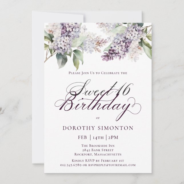 Invitación Dulce 16 Cumpleaños Morado Primavera Flor Lilac (Anverso)