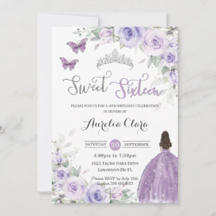 Invitación Dulce 16 Cumpleaños Morado Vestido Floral Princesa