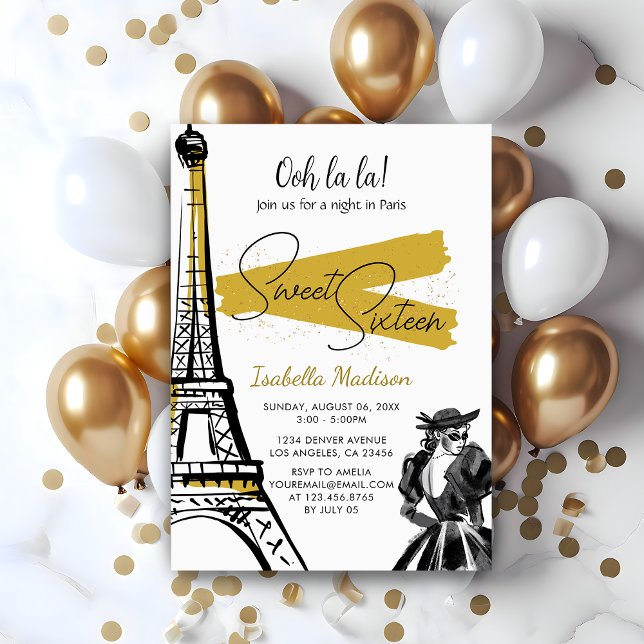 Invitación Dulce 16 cumpleaños noche de la Torre Eiffel en el (Sweet 16 Birthday Eiffel Tower Night in Paris Gold Invitation
)