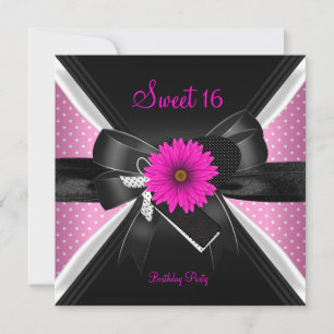 Invitación Dulce 16 Cumpleaños Polka Punto Blanco Negro Rosa