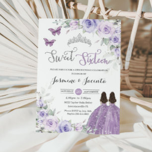 Invitación Dulce 16 Cumpleaños Princesas Florales Moradas Lil
