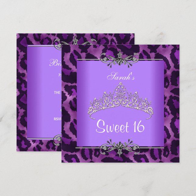 Invitación Dulce 16 Cumpleaños Púrpura Leopardo Plata Tiara (Anverso / Reverso)