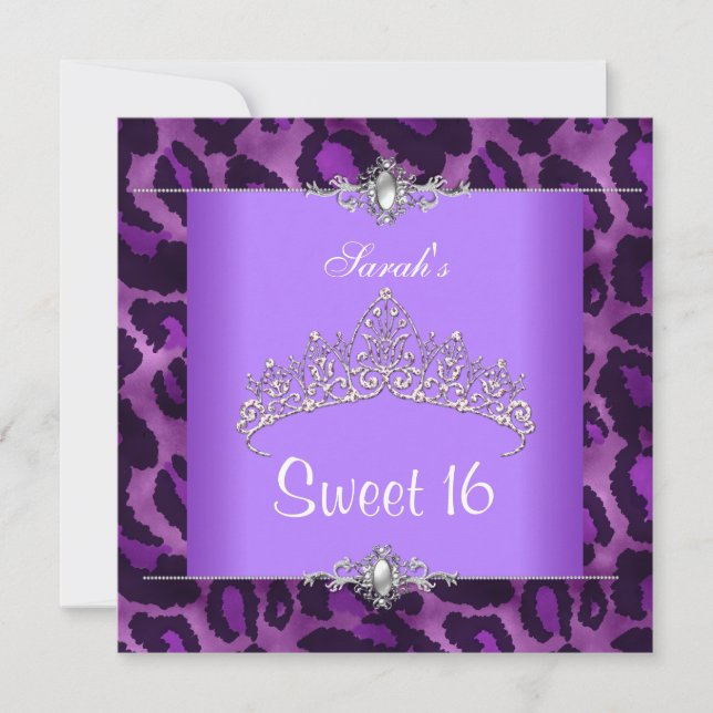 Invitación Dulce 16 Cumpleaños Púrpura Leopardo Plata Tiara 2 (Anverso)
