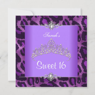 Invitación Dulce 16 Cumpleaños Púrpura Leopardo Plata Tiara 2