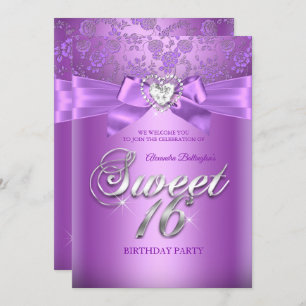 Invitación Dulce 16 Cumpleaños Púrpura Lilac Diamante Corazón