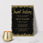 Invitación Dulce 16 cumpleaños Purpurina de oro negro<br><div class="desc">Purpurina negro y dorado moderno dulce 16 invitaciones. Estas 16 invitaciones dulces de moda son fáciles de personalizar para su fiesta. Los diseños son ilustraciones/gráficos impresos planos - NO PURPURINA ORO REAL.</div>