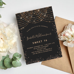 Invitación Dulce 16 cumpleaños purpurina de oro negro