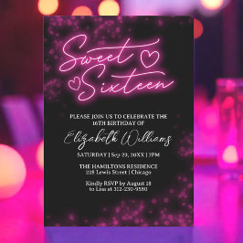 Invitación Dulce 16 Cumpleaños Rosa Caliente Neon Fiesta Oscu
