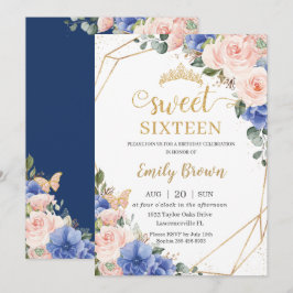 Invitación Dulce 16 cumpleaños Royal Blue Rubor Floral Tiara