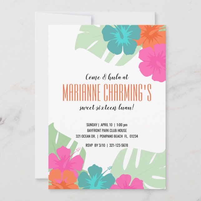 Invitación DULCE 16 CUMPLEAÑOS tropicales LUAU floral brillan (Anverso)