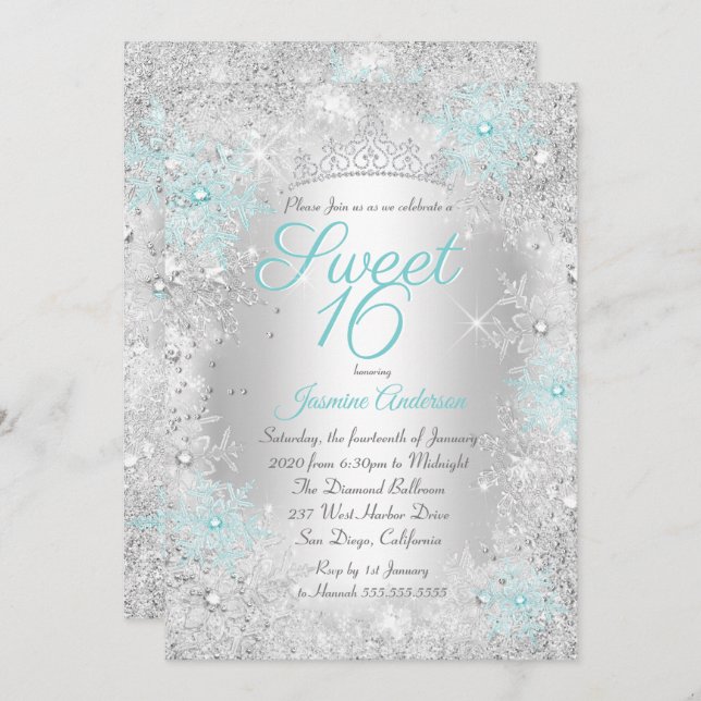 Invitación Dulce 16 cumpleaños Verde azulada Silver Winter Wo (Anverso / Reverso)