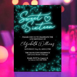 Invitación Dulce 16 Cumpleaños Verde azulado Neon Glow Dark F