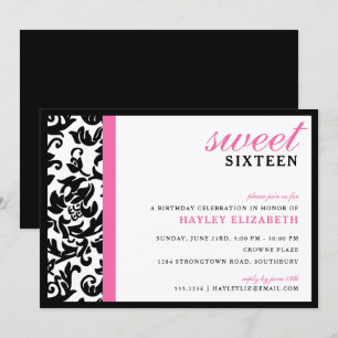 Invitación Dulce 16 Damasco moderno con borde, rosa brillante