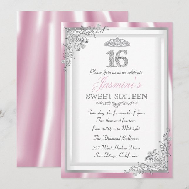 Invitación dulce 16 de damasco de diamante rosa pl (Anverso / Reverso)