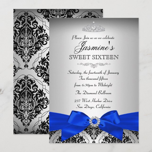 Invitación dulce 16 de damasco plateado y azul rea (Anverso / Reverso)