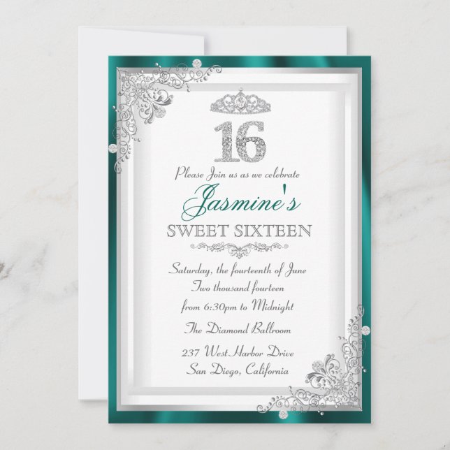 Invitación dulce 16 de Jade Plata Diamante Damask  (Anverso)