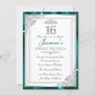 Invitación dulce 16 de Jade Plata Diamante Damask 
