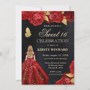 Invitación dulce 16 de mujer rubia vestido rojo fl