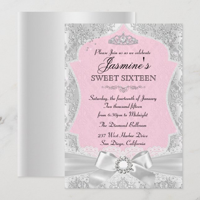Invitación dulce 16 de raso rosa plateado (Anverso / Reverso)