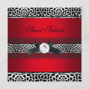 Invitación Dulce 16 Diamante Rojo Leopardo Negro