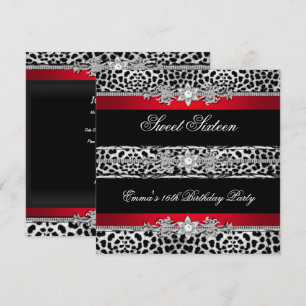 Invitación Dulce 16 Diamante Rojo Leopardo Negro