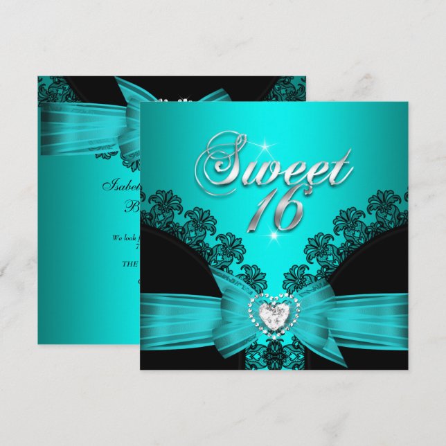 Invitación Dulce 16 Dieciséis Aqua Blue Black Lace (Anverso / Reverso)