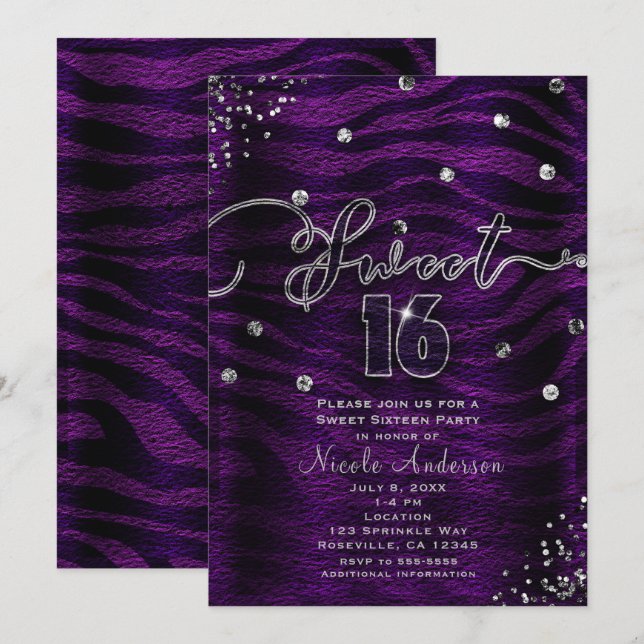 Invitación DULCE 16 Dieciséis cebra púrpura y morada plateada (Anverso / Reverso)