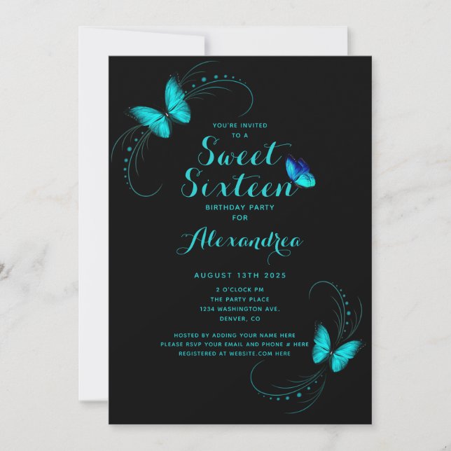 Invitación Dulce 16 Dieciséis cumpleaños de la mariposa azul (Anverso)