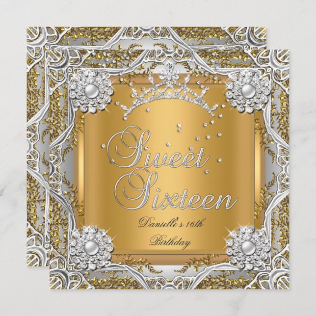 Invitación Dulce 16 Dieciséis cumpleaños de plata de oro (Anverso / Reverso)