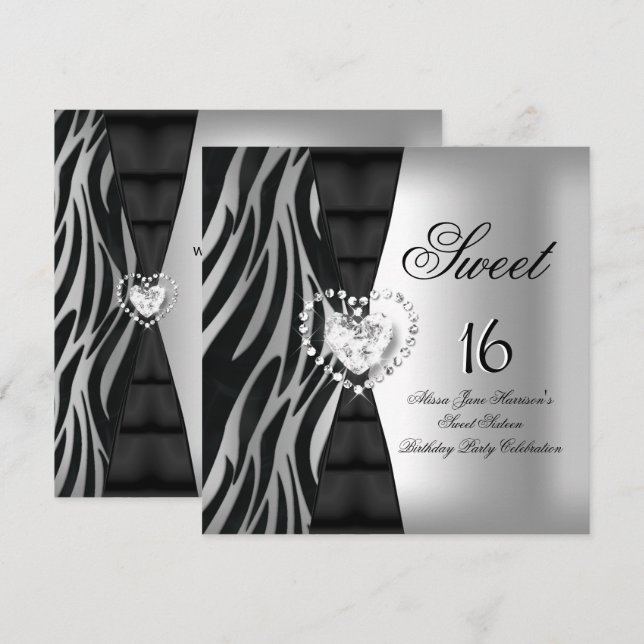 Invitación Dulce 16 Dieciséis cumpleaños fiesta de cebra negr (Anverso / Reverso)