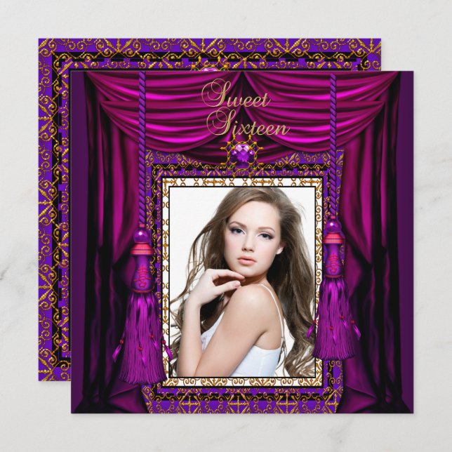 Invitación Dulce 16 Dieciséis cumpleaños fiesta morado oro ro (Anverso / Reverso)