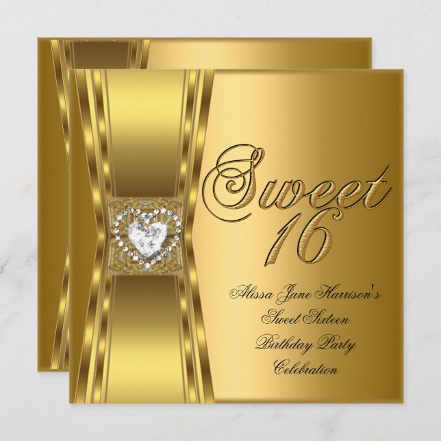 Invitación Dulce 16 Dieciséis cumpleaños Gold Heart (Anverso / Reverso)