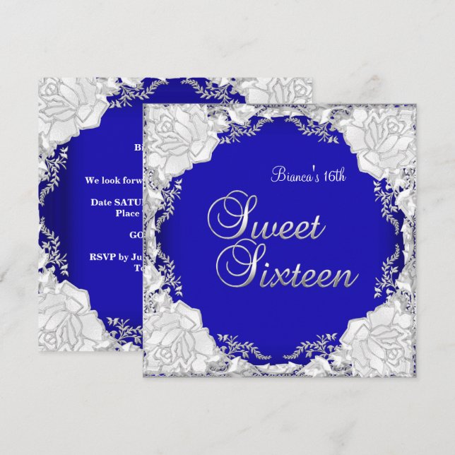 Invitación Dulce 16 Dieciséis cumpleaños Plata Azul Púrpura (Anverso / Reverso)