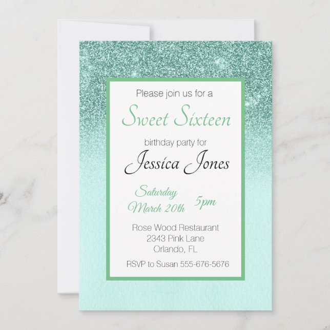 Invitación Dulce 16 Dieciséis cumpleaños, Purpurina Verde (Anverso)