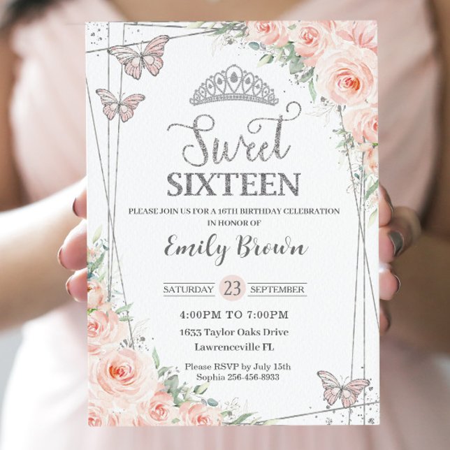 Invitación Dulce 16 Dieciséis cumpleaños Rubor de plata rosa  (Subido por el creador)
