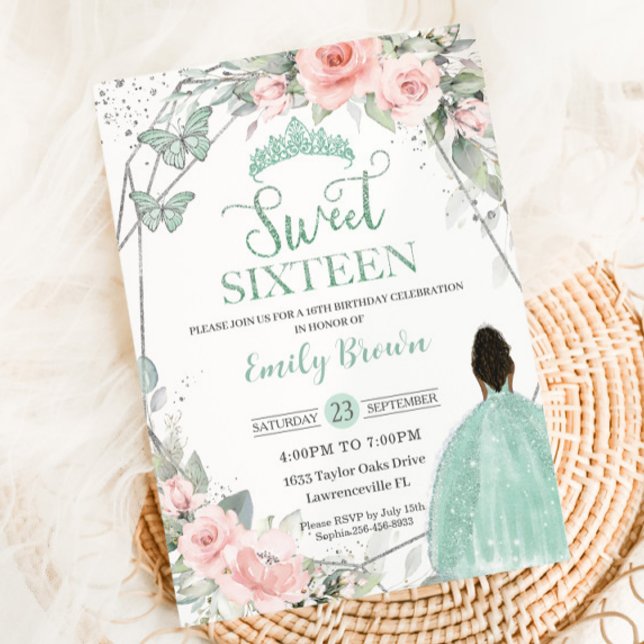 Invitación Dulce 16 Dieciséis cumpleaños Rubor Floral Mint Gr (blush-floral-brown-princess-mint-seafoam-green-dress-silver-crown-sweet-sixteen-16-birthday-invite)