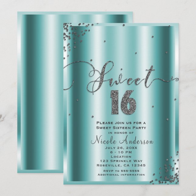 Invitación DULCE 16 Dieciséis esquinas de confeti Aqua y Silv (Anverso / Reverso)