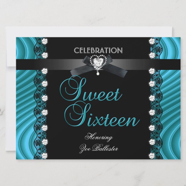 Invitación Dulce 16 Dieciséis Lazo Blanco Azul Verde azulado  (Anverso)