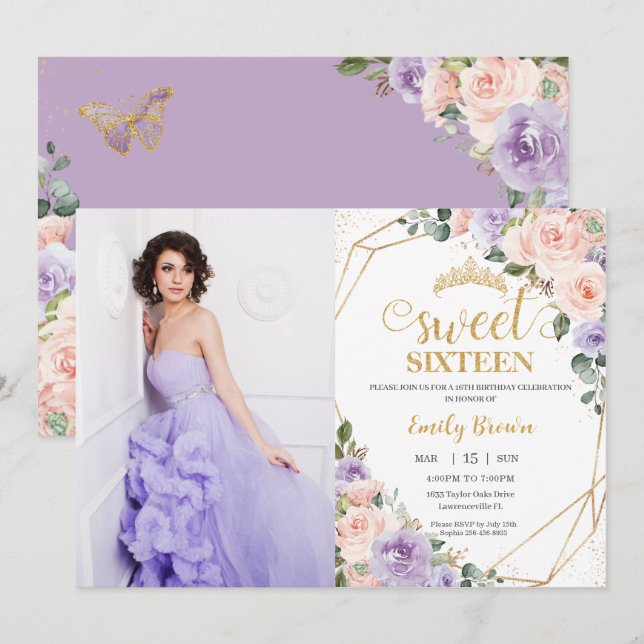 Invitación Dulce 16 Dieciséis Lilac Rubor Floral Birthday Pho (Anverso / Reverso)