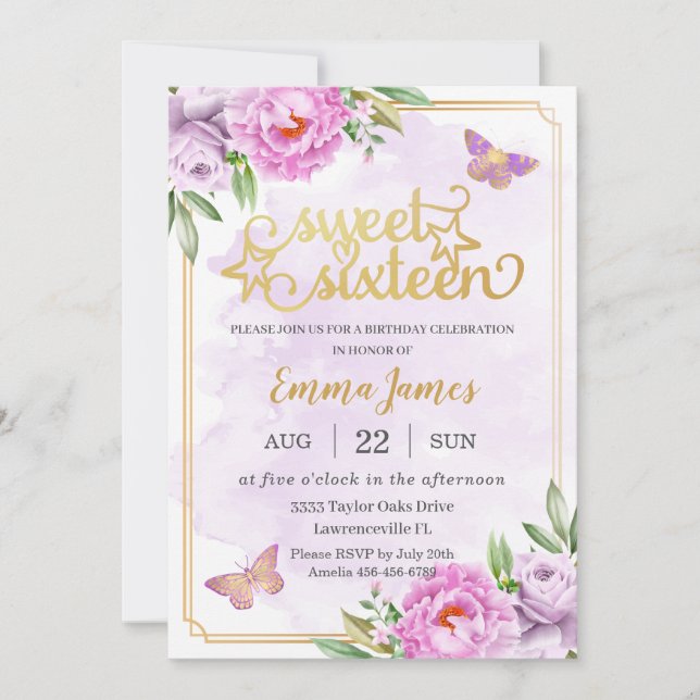 Invitación Dulce 16 Dieciséis Mariposas Florales Púrpura Lila (Anverso)