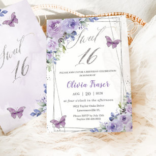 Invitación Dulce 16 Dieciséis Mariposas Florales Púrpura Lila