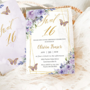 Invitación Dulce 16 Dieciséis Mariposas Florales Púrpura Lila