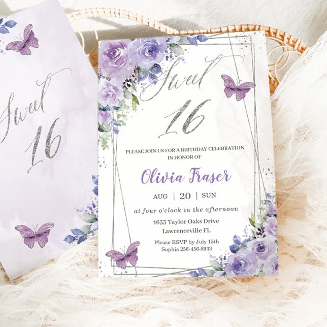 Invitación Dulce 16 Dieciséis Mariposas Florales Púrpura Lila (Subido por el creador)