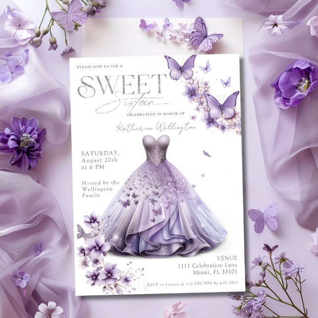 Invitación Dulce 16 Dieciséis Mariposas Florales Púrpura Lila (Sweet 16 Sixteen Purple Lilac Floral Butterflies Invitation)