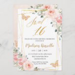 Invitación Dulce 16 Dieciséis Mariposas Florales Rosa Rubor<br><div class="desc">Personalice esta encantadora invitación a Sweet 16 con su propia redacción fácil y rápidamente,  simplemente pulse el botón personalizar it para reorganizar y formatear el estilo y la ubicación del texto. ¡Artículos coincidentes disponibles en la tienda! c) El estudio Happy Cat Studio</div>