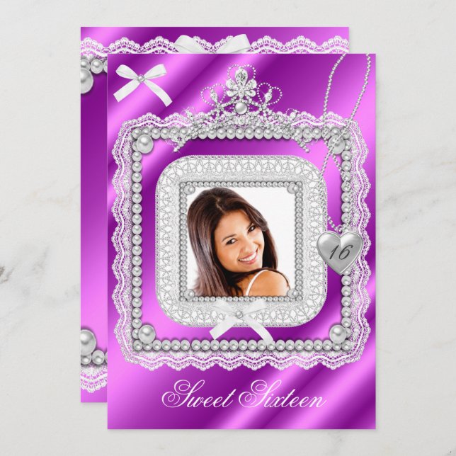 Invitación Dulce 16 Dieciséis Perla Púrpura Rosa Lace Foto 2 (Anverso / Reverso)