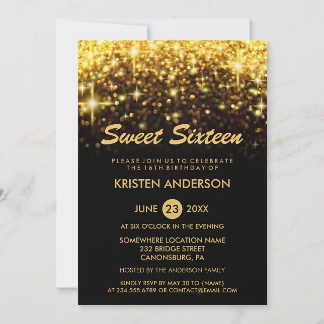 Invitación Dulce 16 Dieciséis Purpurinas de oro de cumpleaños (Anverso)