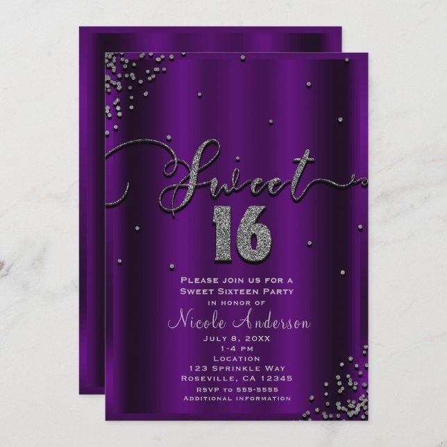 Invitación DULCE 16 Dieciséis Rincones De Confetti Púrpura Y  (Anverso / Reverso)